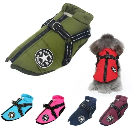 Large Pet Dog Jacket With Harness Winter Warm Dog Clothes